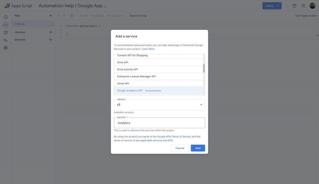 screenshot of the google analytics api services in google app script