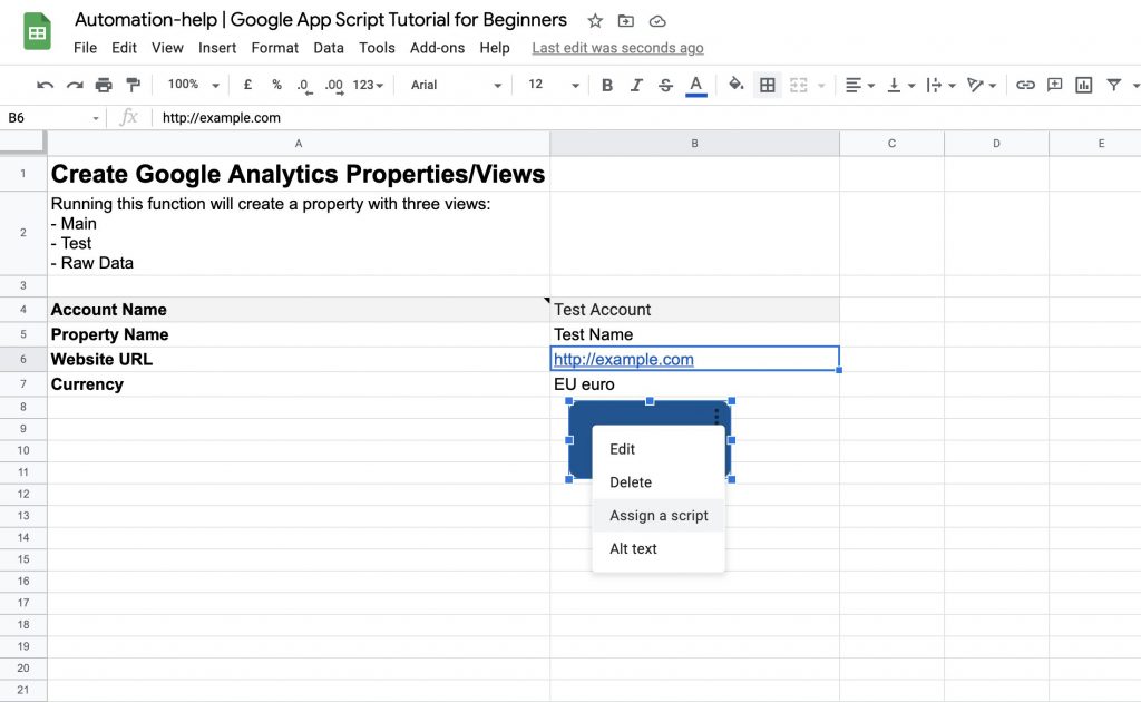 screenshot of final google sheet