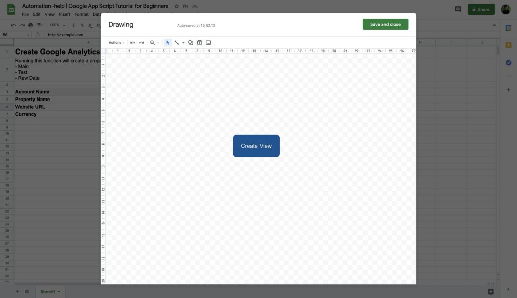 screenshot of the creation of a dawing in google app script