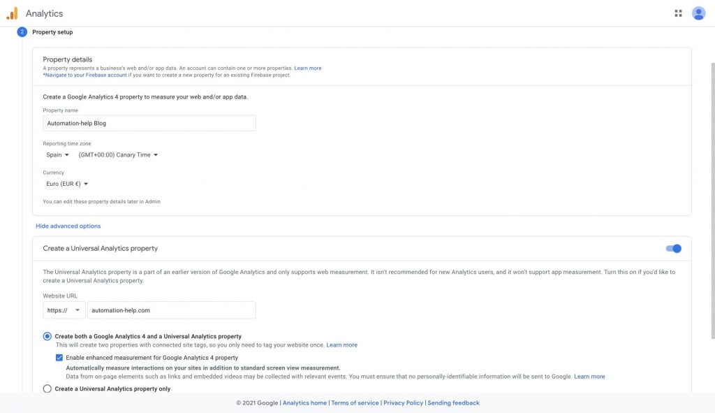 Screenshot on how to create a Google Analytics property