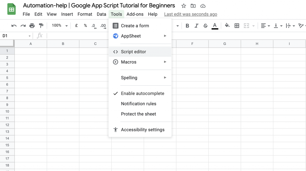 screenshot of the google app script tutorial for beginners google sheet