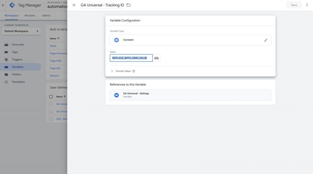 Screenshot of editing Google Analytics Universal Tracking ID variable in Google Tag Manager