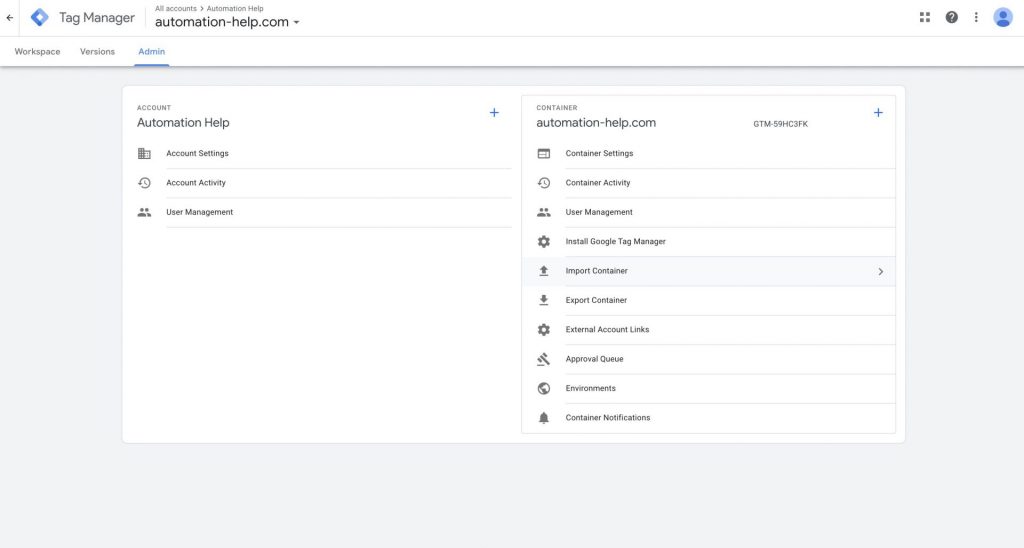 Screenshot of Google Tag Manager settings