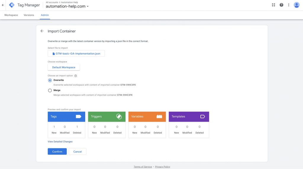 Screenshot of importing basic implementation Google Analytics Universal and Google Analytics 4 in Google Tag Manager