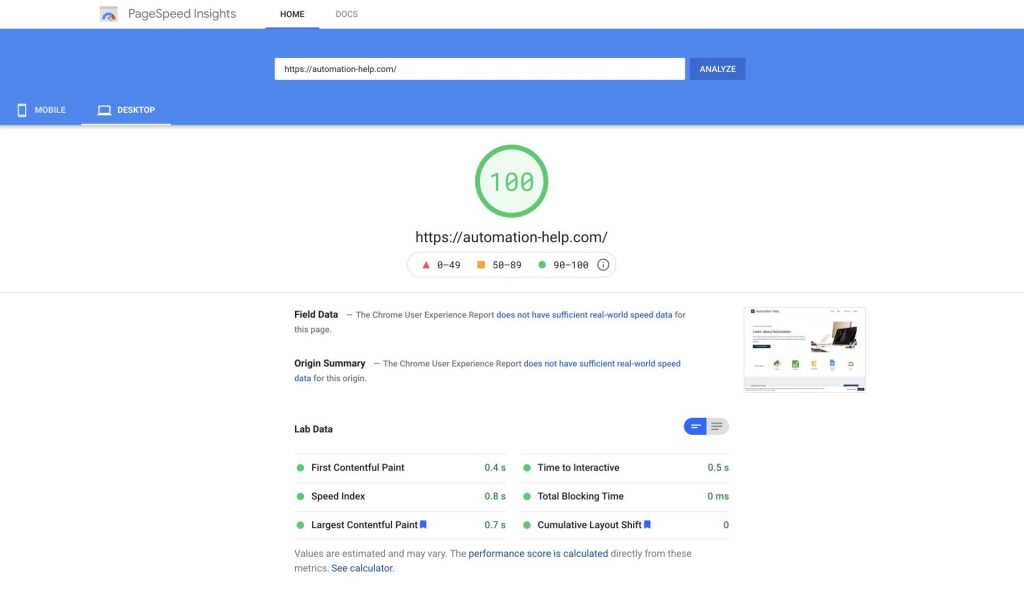 screenshot of a 100 score on google pagespeed insights test