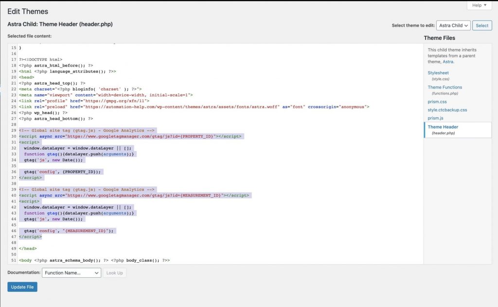 Screenshot of WordPress theme header to add Google Analytics code snippets