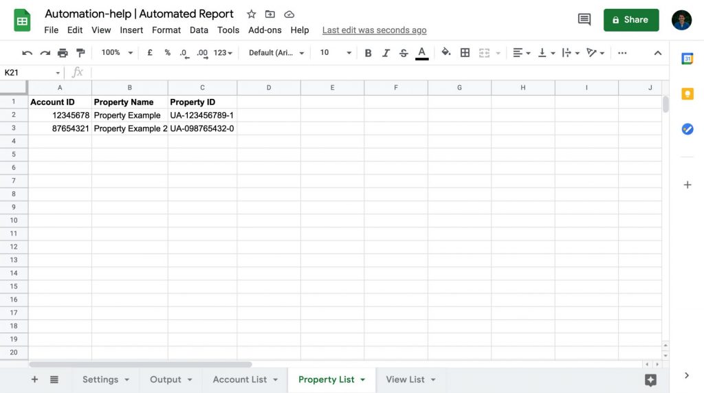 screenshot property list google sheet