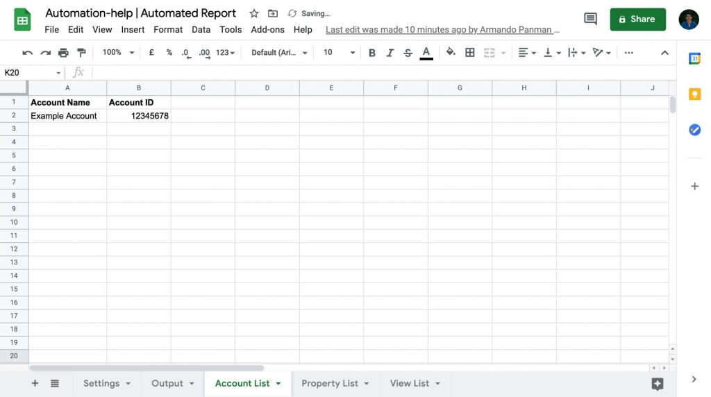 screenshot account list google sheet