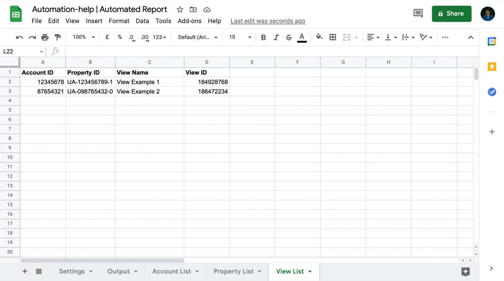 screenshot view list google sheet