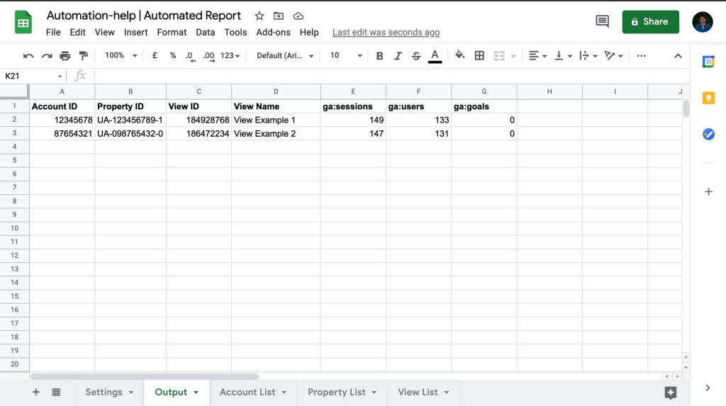 screenshot output google sheet