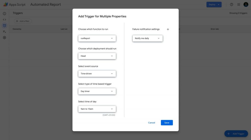 screenshot adding trigger in google app script