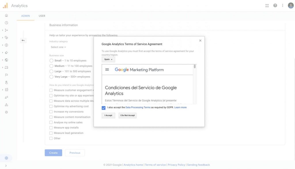 create google analytics 4 property accept terms and conditions