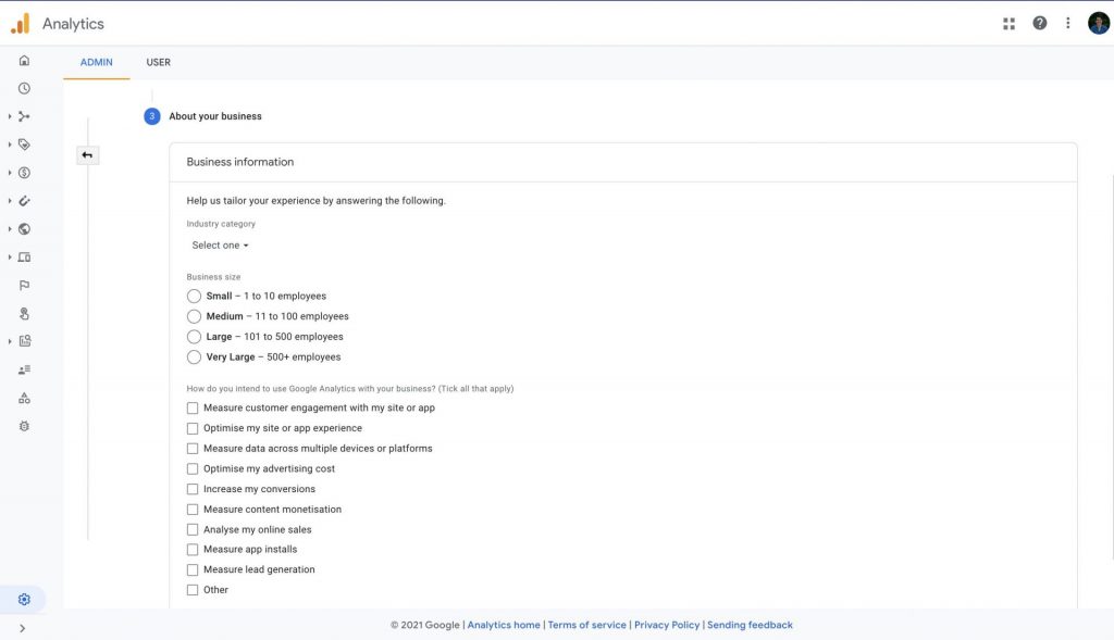 create google analytics 4 property business information